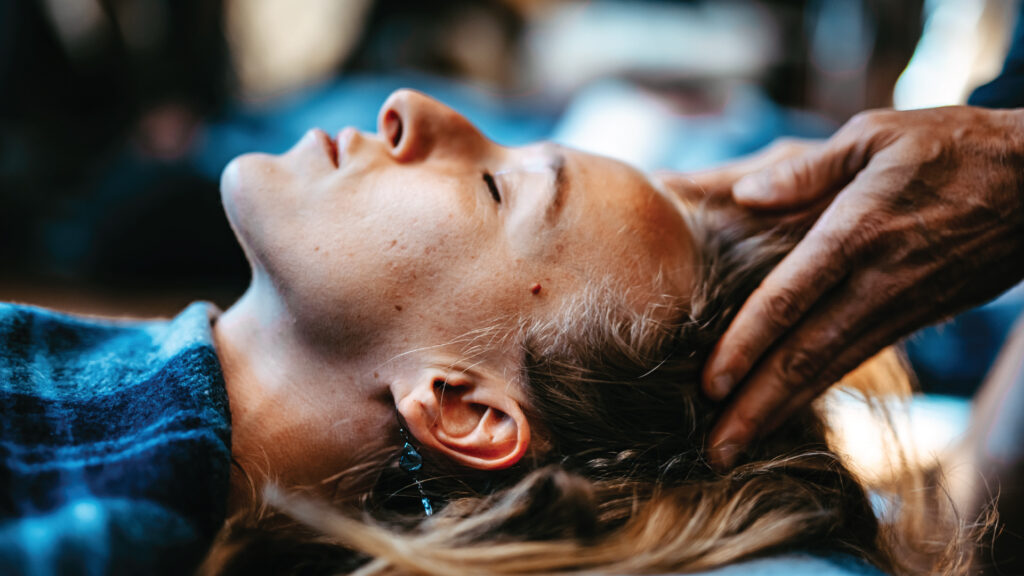 Someone laying down, breathing through their nose